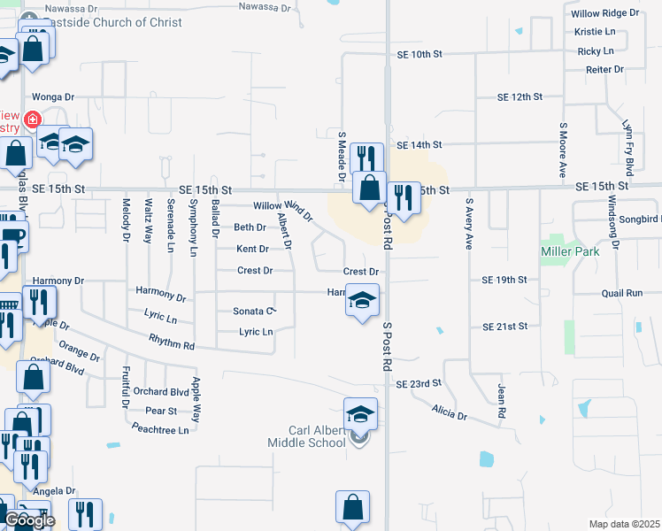 map of restaurants, bars, coffee shops, grocery stores, and more near 9829 Crest Drive in Midwest City