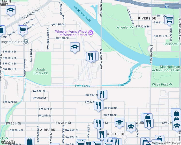 map of restaurants, bars, coffee shops, grocery stores, and more near 932 Pedalers Lane in Oklahoma City