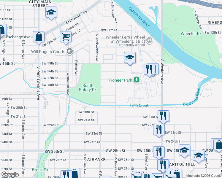 map of restaurants, bars, coffee shops, grocery stores, and more near 1212 SW 18th St in Oklahoma City