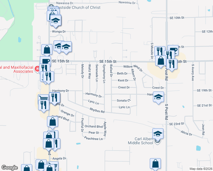 map of restaurants, bars, coffee shops, grocery stores, and more near 1732 Symphony Lane in Midwest City