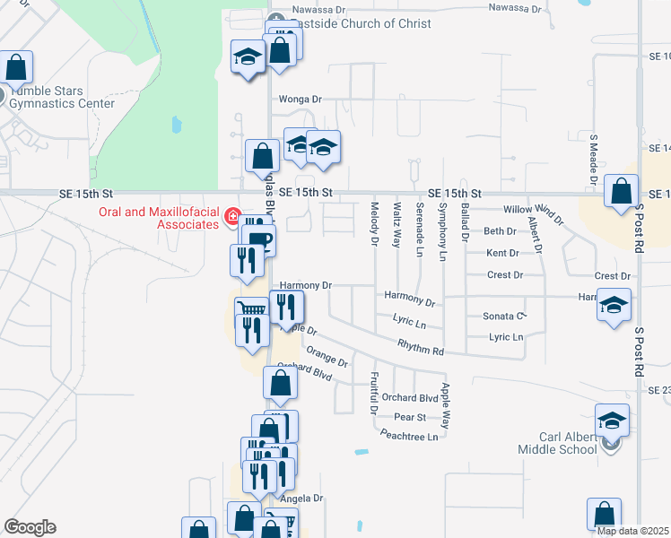 map of restaurants, bars, coffee shops, grocery stores, and more near 9221 Harmony Drive in Midwest City
