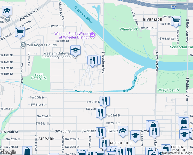 map of restaurants, bars, coffee shops, grocery stores, and more near 919 Pedalers Lane in Oklahoma City