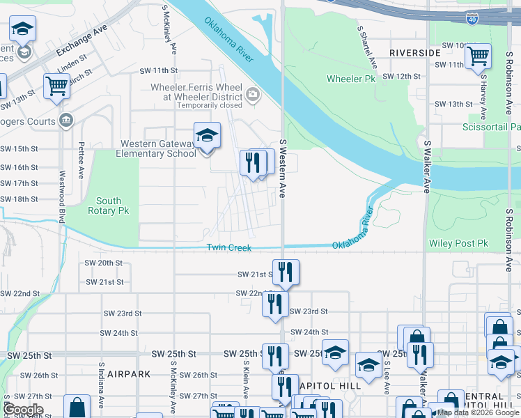 map of restaurants, bars, coffee shops, grocery stores, and more near 932 Pedalers Lane in Oklahoma City