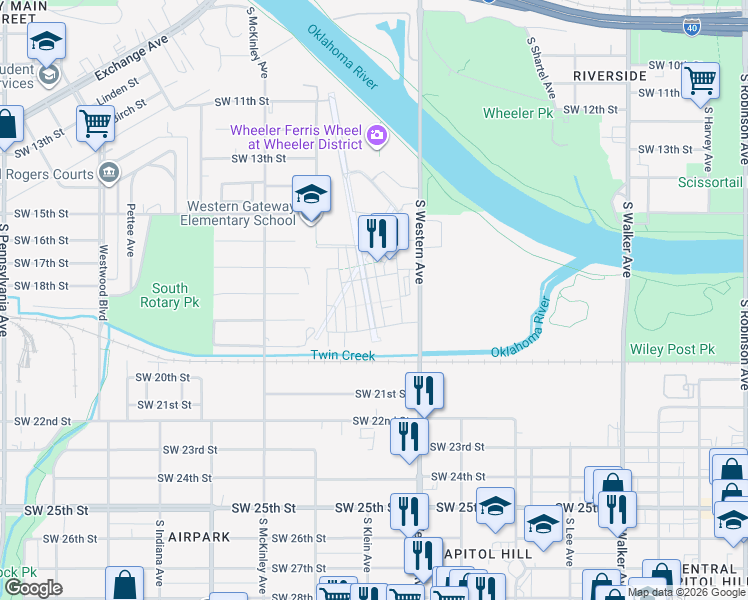 map of restaurants, bars, coffee shops, grocery stores, and more near 919 Pedalers Lane in Oklahoma City