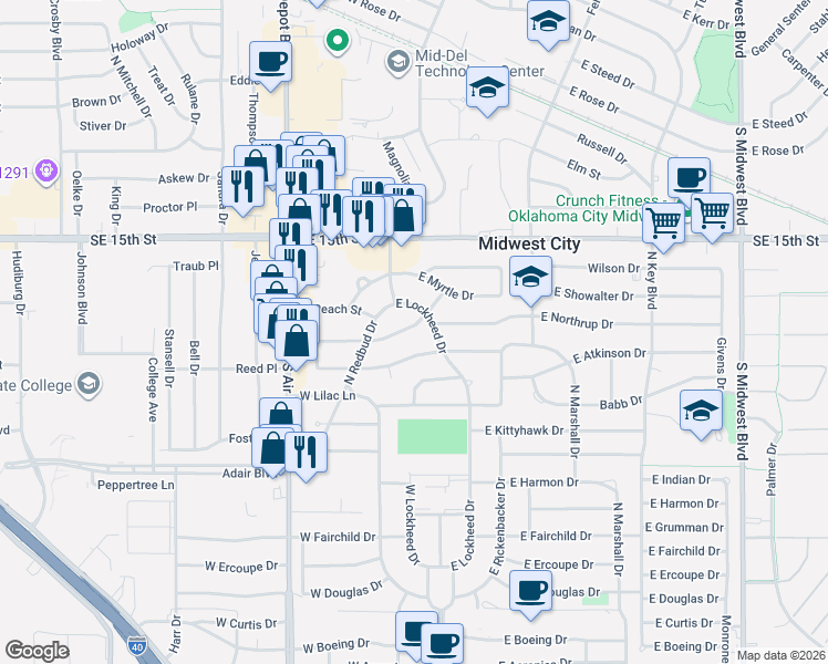 map of restaurants, bars, coffee shops, grocery stores, and more near 108 West Mimosa Drive in Midwest City