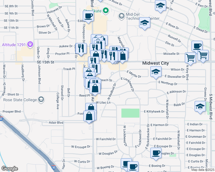 map of restaurants, bars, coffee shops, grocery stores, and more near 309 West Mimosa Drive in Midwest City