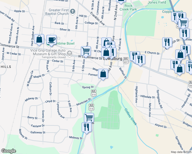 map of restaurants, bars, coffee shops, grocery stores, and more near 327 Forrest Street in Lewisburg