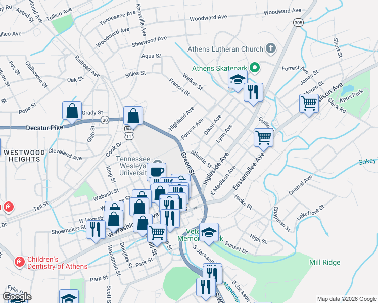 map of restaurants, bars, coffee shops, grocery stores, and more near 301-399 Green Street in Athens