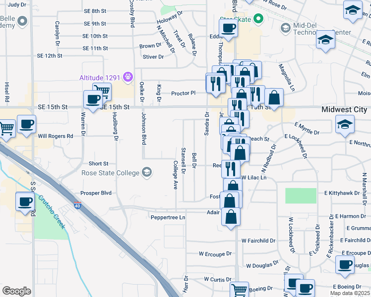 map of restaurants, bars, coffee shops, grocery stores, and more near 1100 Stansell Drive in Midwest City