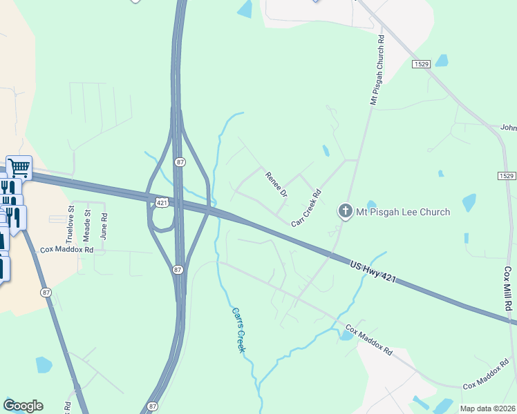 map of restaurants, bars, coffee shops, grocery stores, and more near 1720 Carr Creek Road in Sanford