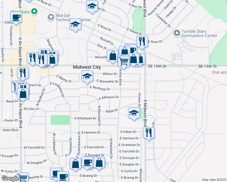 map of restaurants, bars, coffee shops, grocery stores, and more near 411 East Atkinson Drive in Midwest City