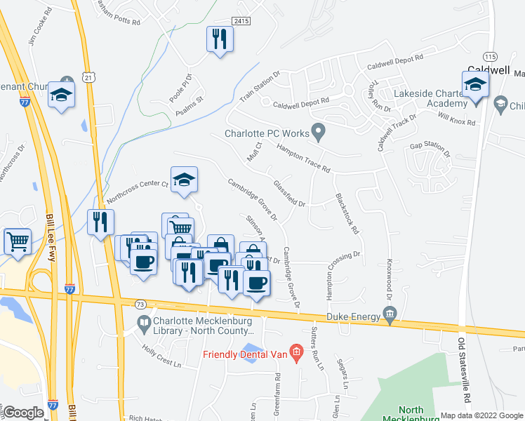 map of restaurants, bars, coffee shops, grocery stores, and more near 17201 Cambridge Grove Drive in Huntersville
