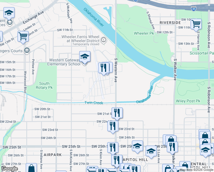 map of restaurants, bars, coffee shops, grocery stores, and more near 919 Pedalers Lane in Oklahoma City