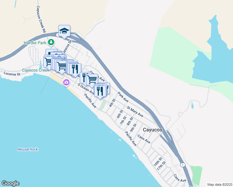 map of restaurants, bars, coffee shops, grocery stores, and more near 180 4th Street in Cayucos