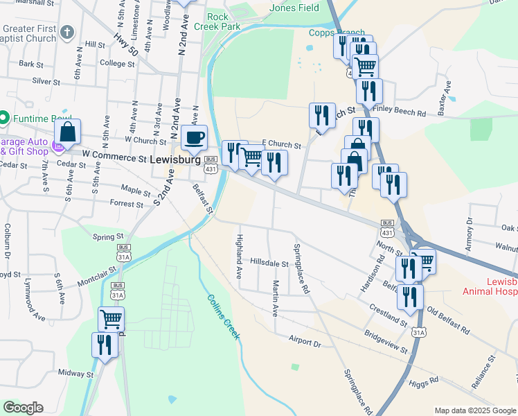 map of restaurants, bars, coffee shops, grocery stores, and more near 318 Belfast Street in Lewisburg