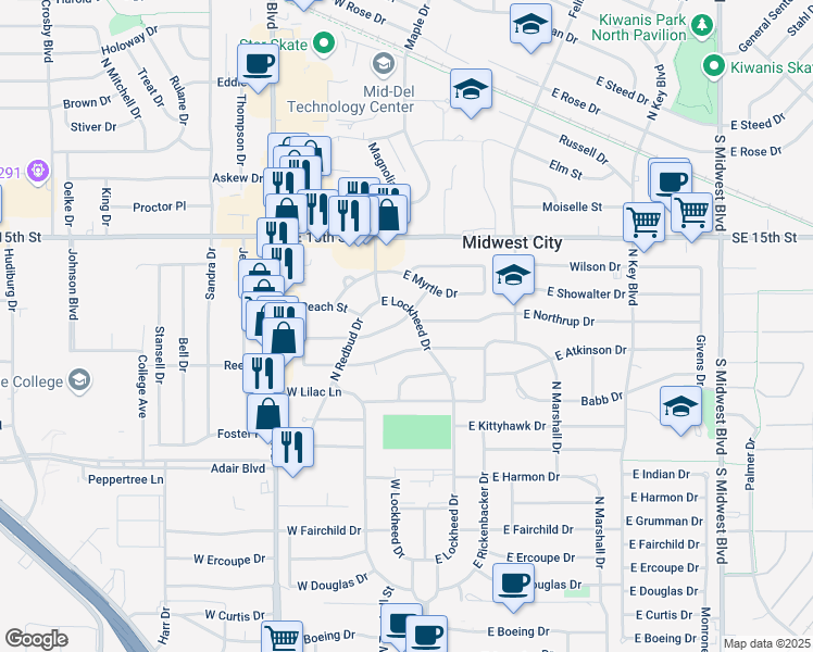 map of restaurants, bars, coffee shops, grocery stores, and more near 104 West Mimosa Drive in Midwest City