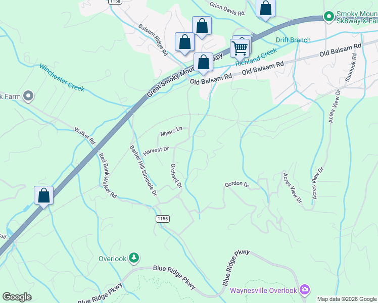 map of restaurants, bars, coffee shops, grocery stores, and more near 85 Sour Apple Lane in Waynesville