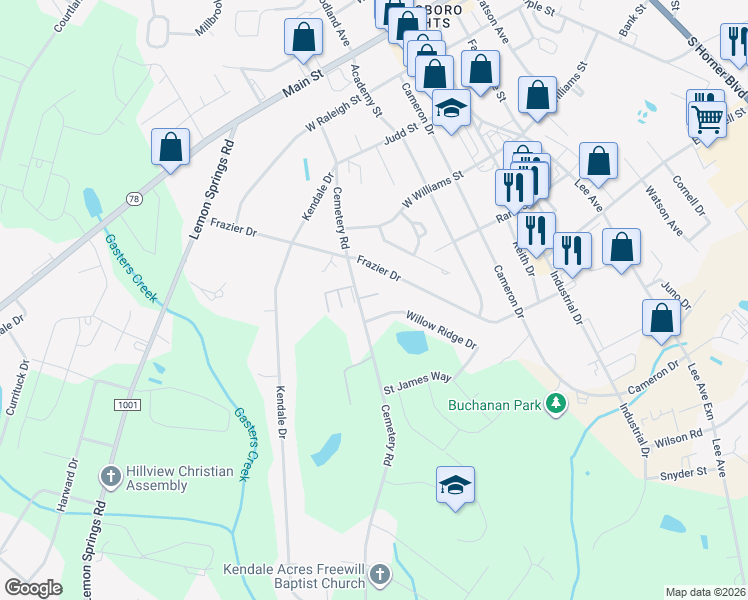 map of restaurants, bars, coffee shops, grocery stores, and more near 117 Willow Ridge Drive in Sanford