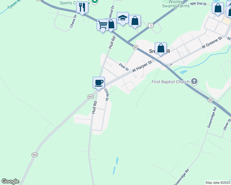 map of restaurants, bars, coffee shops, grocery stores, and more near 410 Hillendale Drive in Snow Hill