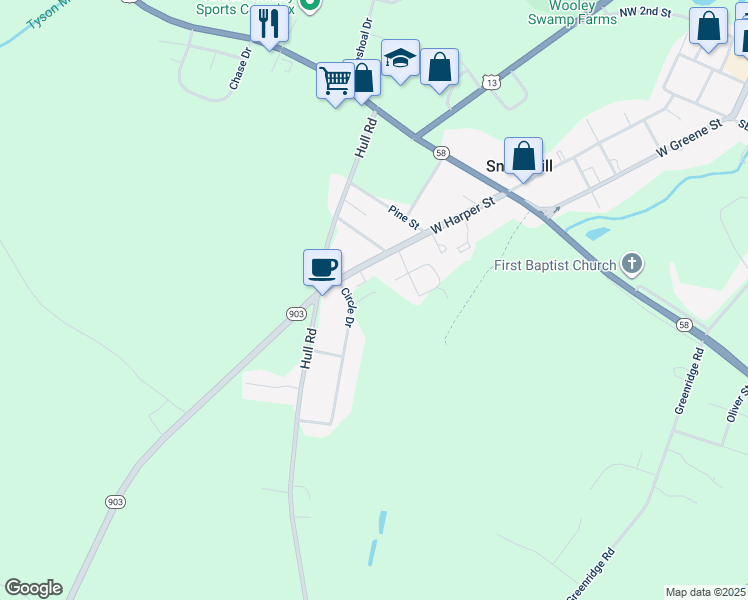 map of restaurants, bars, coffee shops, grocery stores, and more near 410 Hillendale Drive in Snow Hill