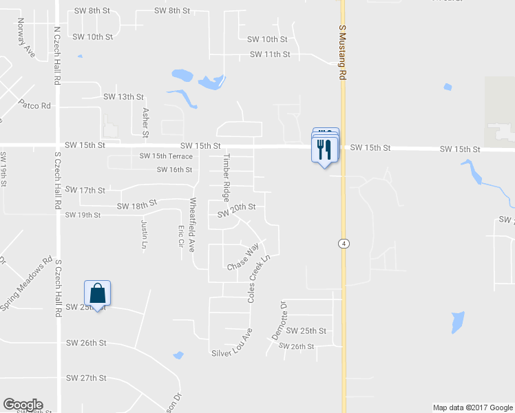 map of restaurants, bars, coffee shops, grocery stores, and more near 10625 Southwest 20th Street in Yukon