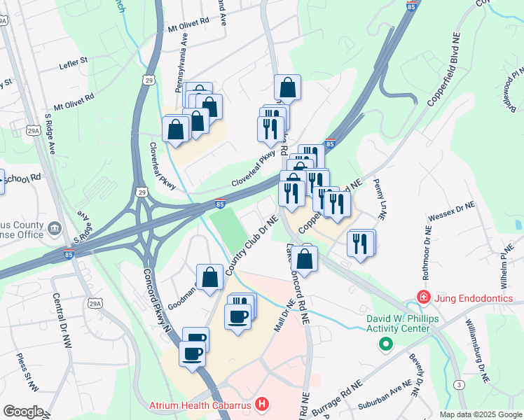 map of restaurants, bars, coffee shops, grocery stores, and more near 303 Country Club Drive Northeast in Concord