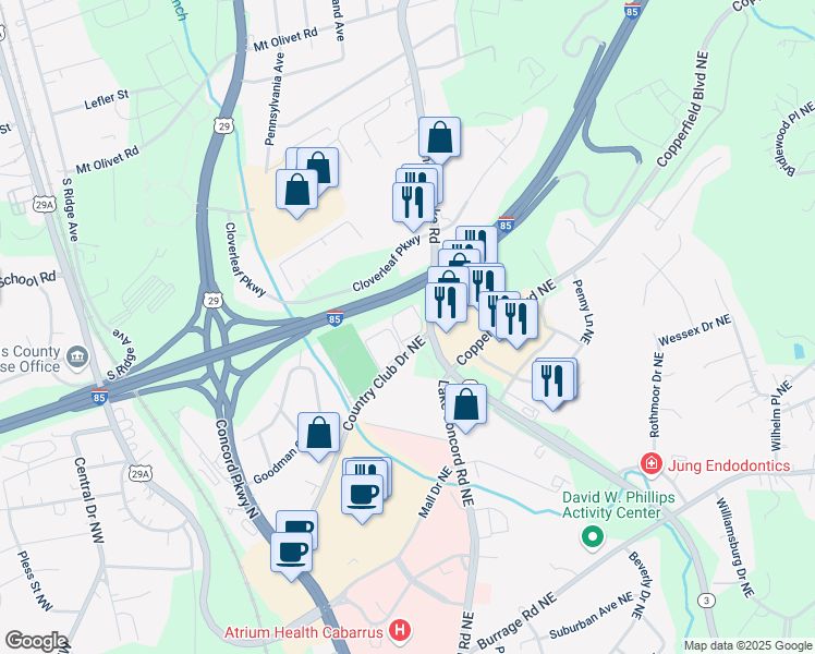 map of restaurants, bars, coffee shops, grocery stores, and more near 301 Country Club Drive Northeast in Concord