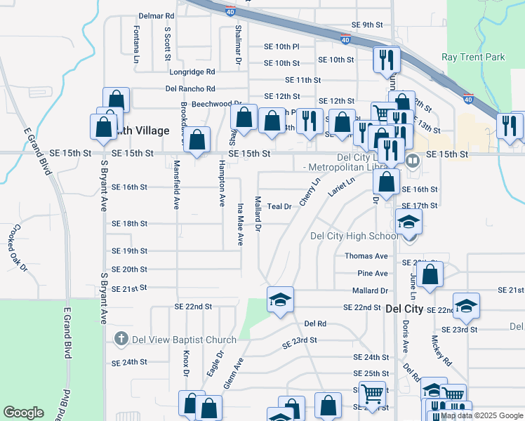 map of restaurants, bars, coffee shops, grocery stores, and more near 3621 Mistletoe Avenue in Del City