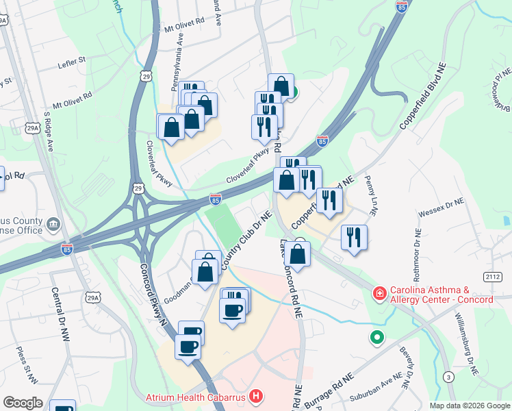 map of restaurants, bars, coffee shops, grocery stores, and more near 249-5 Country Club Drive Northeast in Concord