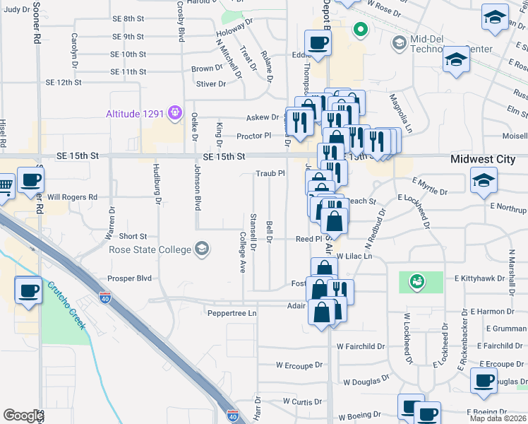map of restaurants, bars, coffee shops, grocery stores, and more near 1011 Bell Drive in Midwest City