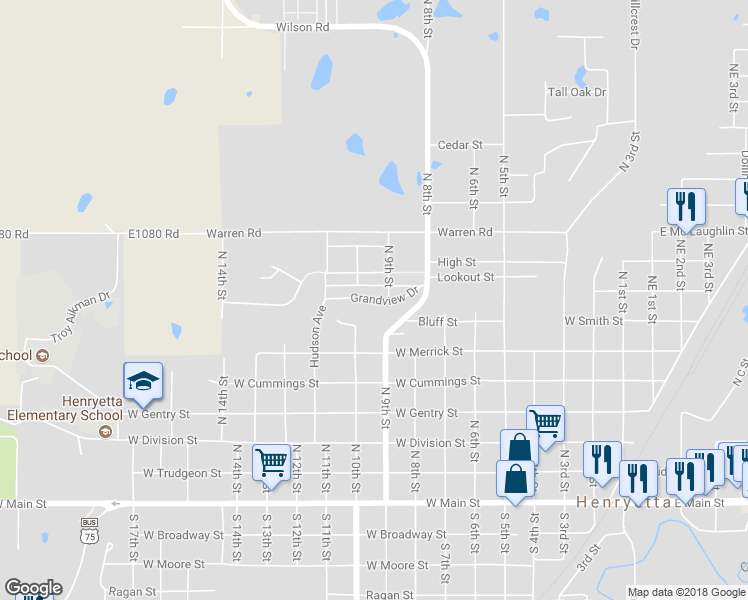 map of restaurants, bars, coffee shops, grocery stores, and more near 1001 Grandview Drive in Henryetta