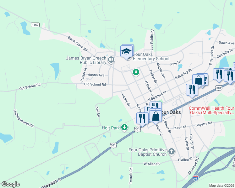 map of restaurants, bars, coffee shops, grocery stores, and more near 203 Massengill Street in Four Oaks