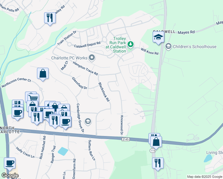 map of restaurants, bars, coffee shops, grocery stores, and more near 17216 Knoxwood Drive in Huntersville