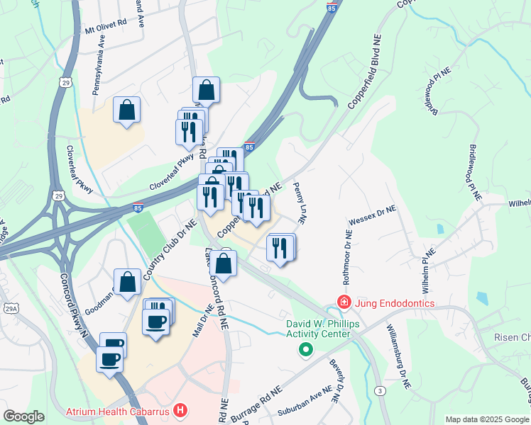 map of restaurants, bars, coffee shops, grocery stores, and more near 354 Copperfield Boulevard Northeast in Concord