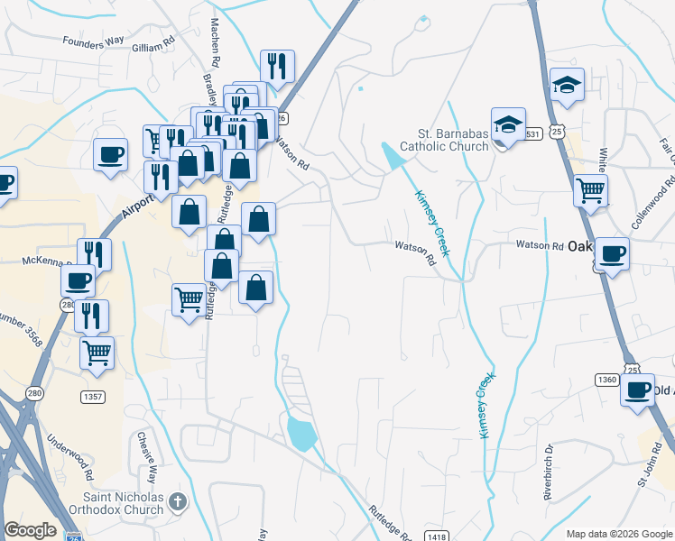 map of restaurants, bars, coffee shops, grocery stores, and more near 35 Old Lime Kiln Road in Arden