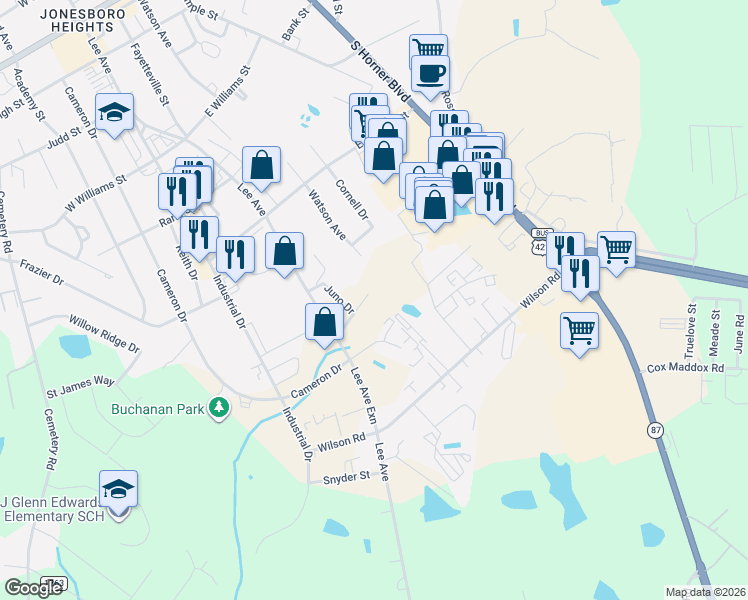 map of restaurants, bars, coffee shops, grocery stores, and more near 307 Maddox Drive in Sanford