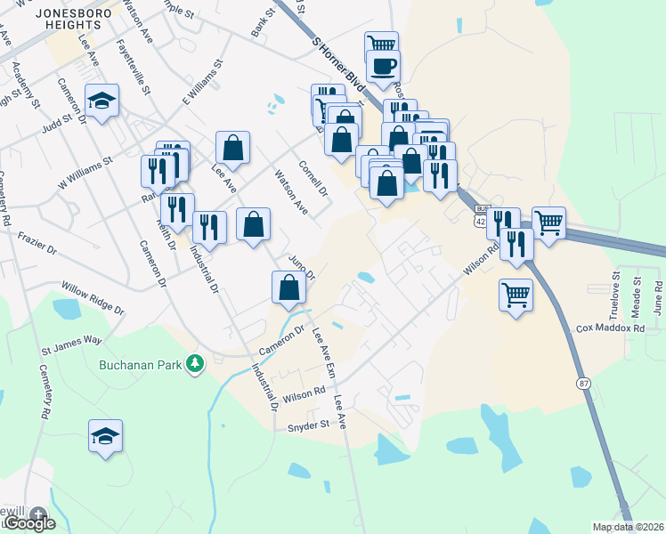 map of restaurants, bars, coffee shops, grocery stores, and more near 307 Maddox Drive in Sanford