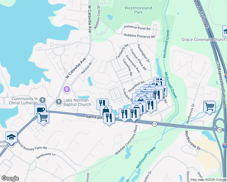 map of restaurants, bars, coffee shops, grocery stores, and more near in Huntersville