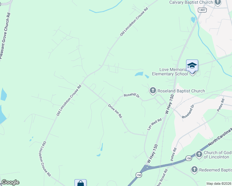 map of restaurants, bars, coffee shops, grocery stores, and more near 1348 Rosehill Drive in Lincolnton