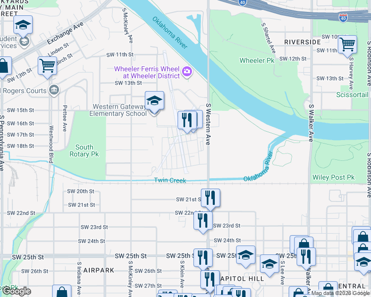 map of restaurants, bars, coffee shops, grocery stores, and more near 919 Pedalers Lane in Oklahoma City