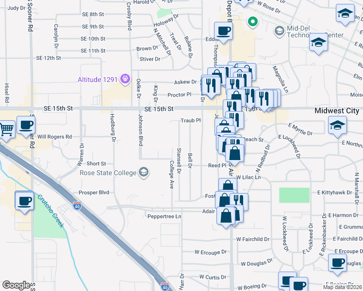 map of restaurants, bars, coffee shops, grocery stores, and more near 1011 Bell Drive in Midwest City