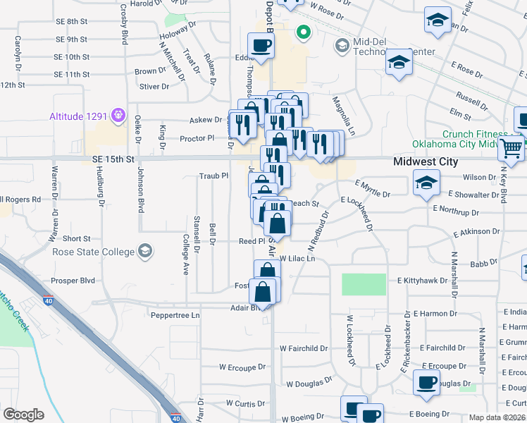 map of restaurants, bars, coffee shops, grocery stores, and more near 1011 Jet Drive in Midwest City