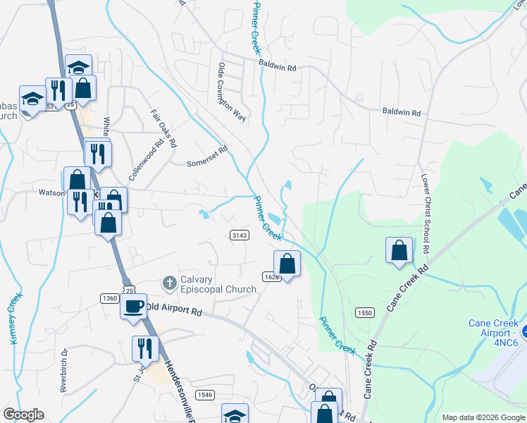 map of restaurants, bars, coffee shops, grocery stores, and more near 625 Jones Road in Fletcher