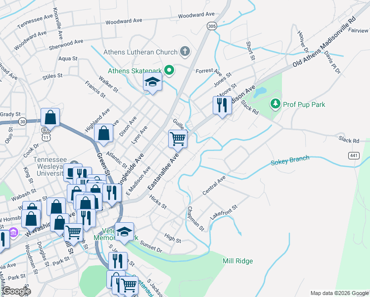 map of restaurants, bars, coffee shops, grocery stores, and more near 807 Eastanallee Avenue in Athens