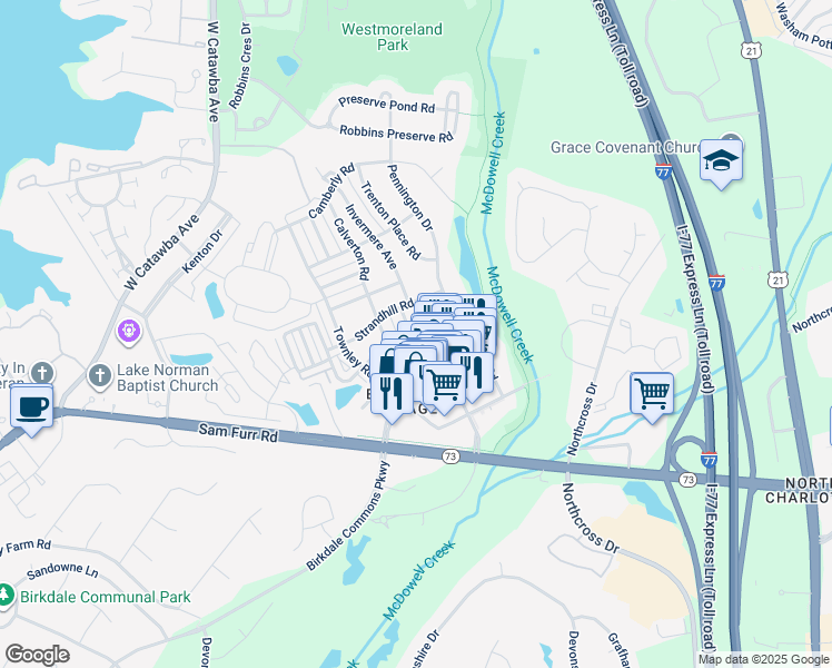 map of restaurants, bars, coffee shops, grocery stores, and more near 17126 Bridgeton Lane in Huntersville