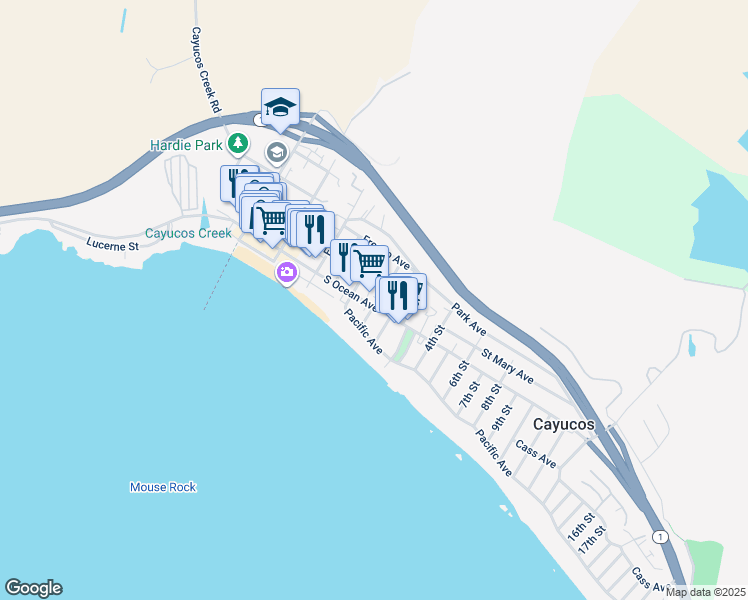 map of restaurants, bars, coffee shops, grocery stores, and more near 95 South Ocean Avenue in Cayucos