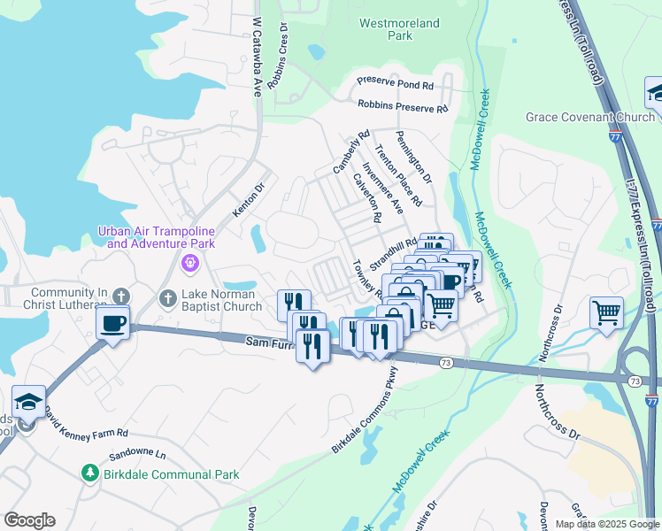 map of restaurants, bars, coffee shops, grocery stores, and more near 17360 Villanova Road in Huntersville