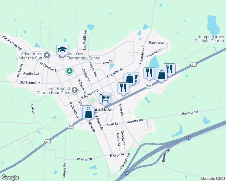 map of restaurants, bars, coffee shops, grocery stores, and more near 503 East North Railroad Street in Four Oaks