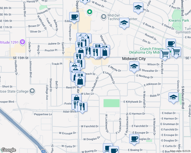 map of restaurants, bars, coffee shops, grocery stores, and more near 209 West Mimosa Drive in Midwest City