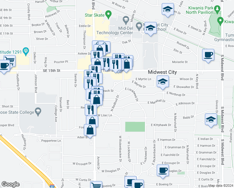 map of restaurants, bars, coffee shops, grocery stores, and more near 1106 North Redbud Drive in Midwest City